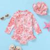 imageInfant Baby Girl Swimsuit OnePiece Long Sleeve Rash Guard with Hat Set Floral Zipper Bathing Suit Leopard Beach WearPinkflower