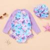 imageInfant Baby Girl Swimsuit OnePiece Long Sleeve Rash Guard with Hat Set Floral Zipper Bathing Suit Leopard Beach WearPurple Butterfly