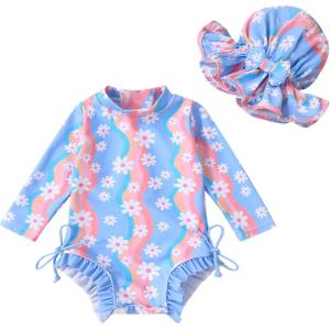 imageInfant Baby Girl Swimsuit OnePiece Long Sleeve Rash Guard with Hat Set Floral Zipper Bathing Suit Leopard Beach WearBlue Daisy
