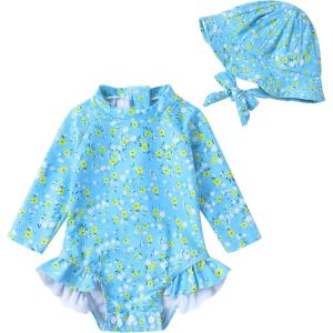imageInfant Baby Girl Swimsuit OnePiece Long Sleeve Rash Guard with Hat Set Floral Zipper Bathing Suit Leopard Beach WearBlue Floral Fragments