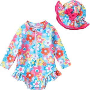 imageInfant Baby Girl Swimsuit OnePiece Long Sleeve Rash Guard with Hat Set Floral Zipper Bathing Suit Leopard Beach WearBlue1