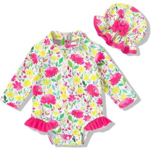 imageInfant Baby Girl Swimsuit OnePiece Long Sleeve Rash Guard with Hat Set Floral Zipper Bathing Suit Leopard Beach WearBright Yellow