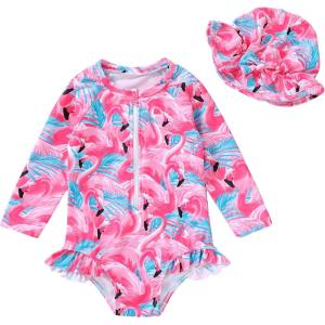 imageInfant Baby Girl Swimsuit OnePiece Long Sleeve Rash Guard with Hat Set Floral Zipper Bathing Suit Leopard Beach WearFlamingo