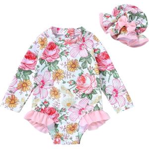 imageInfant Baby Girl Swimsuit OnePiece Long Sleeve Rash Guard with Hat Set Floral Zipper Bathing Suit Leopard Beach WearFlower