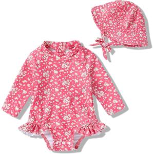 imageInfant Baby Girl Swimsuit OnePiece Long Sleeve Rash Guard with Hat Set Floral Zipper Bathing Suit Leopard Beach WearFlower1