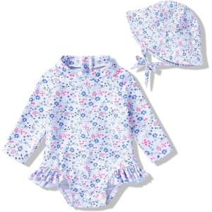 imageInfant Baby Girl Swimsuit OnePiece Long Sleeve Rash Guard with Hat Set Floral Zipper Bathing Suit Leopard Beach WearFlower2