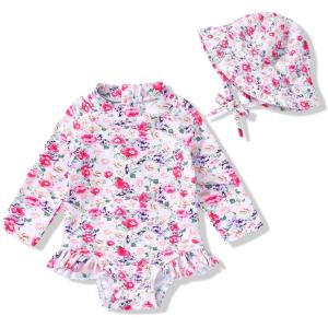 imageInfant Baby Girl Swimsuit OnePiece Long Sleeve Rash Guard with Hat Set Floral Zipper Bathing Suit Leopard Beach WearFlower3