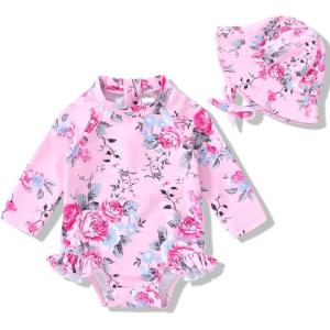 imageInfant Baby Girl Swimsuit OnePiece Long Sleeve Rash Guard with Hat Set Floral Zipper Bathing Suit Leopard Beach WearFlower4