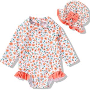 imageInfant Baby Girl Swimsuit OnePiece Long Sleeve Rash Guard with Hat Set Floral Zipper Bathing Suit Leopard Beach WearOrange