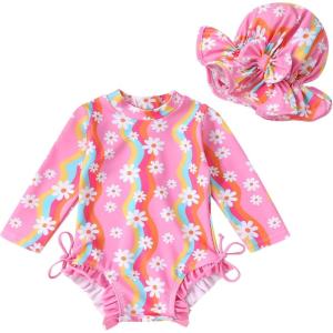 imageInfant Baby Girl Swimsuit OnePiece Long Sleeve Rash Guard with Hat Set Floral Zipper Bathing Suit Leopard Beach WearPink Daisy