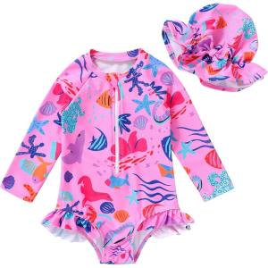imageInfant Baby Girl Swimsuit OnePiece Long Sleeve Rash Guard with Hat Set Floral Zipper Bathing Suit Leopard Beach WearPinkfish