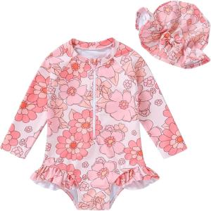 imageInfant Baby Girl Swimsuit OnePiece Long Sleeve Rash Guard with Hat Set Floral Zipper Bathing Suit Leopard Beach WearPinkflower