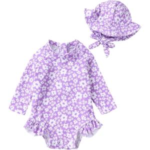 imageInfant Baby Girl Swimsuit OnePiece Long Sleeve Rash Guard with Hat Set Floral Zipper Bathing Suit Leopard Beach WearPinkflower1