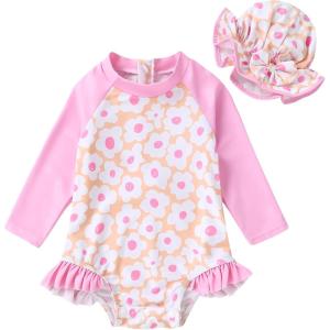 imageInfant Baby Girl Swimsuit OnePiece Long Sleeve Rash Guard with Hat Set Floral Zipper Bathing Suit Leopard Beach WearPinkflower2