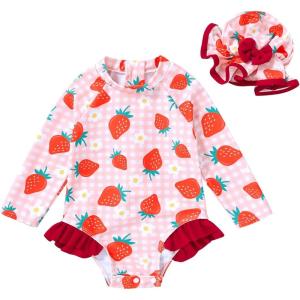 imageInfant Baby Girl Swimsuit OnePiece Long Sleeve Rash Guard with Hat Set Floral Zipper Bathing Suit Leopard Beach WearPinkstrawberry