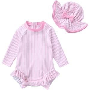 imageInfant Baby Girl Swimsuit OnePiece Long Sleeve Rash Guard with Hat Set Floral Zipper Bathing Suit Leopard Beach WearPinkstripe