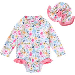imageInfant Baby Girl Swimsuit OnePiece Long Sleeve Rash Guard with Hat Set Floral Zipper Bathing Suit Leopard Beach WearPlants