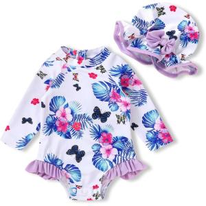 imageInfant Baby Girl Swimsuit OnePiece Long Sleeve Rash Guard with Hat Set Floral Zipper Bathing Suit Leopard Beach WearPurolebutterfly1