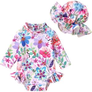 imageInfant Baby Girl Swimsuit OnePiece Long Sleeve Rash Guard with Hat Set Floral Zipper Bathing Suit Leopard Beach WearPurple Big Flower