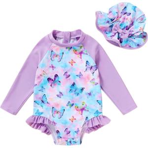 imageInfant Baby Girl Swimsuit OnePiece Long Sleeve Rash Guard with Hat Set Floral Zipper Bathing Suit Leopard Beach WearPurple Butterfly