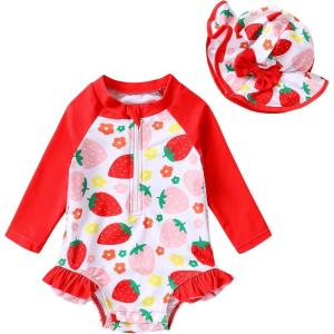 imageInfant Baby Girl Swimsuit OnePiece Long Sleeve Rash Guard with Hat Set Floral Zipper Bathing Suit Leopard Beach WearRed1