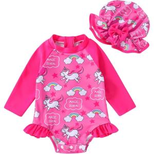 imageInfant Baby Girl Swimsuit OnePiece Long Sleeve Rash Guard with Hat Set Floral Zipper Bathing Suit Leopard Beach WearRosered1