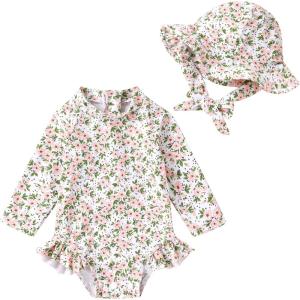 imageInfant Baby Girl Swimsuit OnePiece Long Sleeve Rash Guard with Hat Set Floral Zipper Bathing Suit Leopard Beach WearWhite Pink Flower