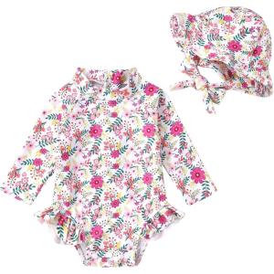 imageInfant Baby Girl Swimsuit OnePiece Long Sleeve Rash Guard with Hat Set Floral Zipper Bathing Suit Leopard Beach WearWhite Purple Flower