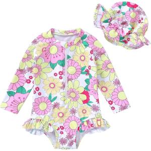 imageInfant Baby Girl Swimsuit OnePiece Long Sleeve Rash Guard with Hat Set Floral Zipper Bathing Suit Leopard Beach WearYellowflower