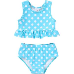 imageYOUNGER TREE Toddler Baby Girls Summer Swimsuit Sleeveless Striped Swimwear TwoPiece Suit Beach BikiniBlue Polka Dot