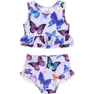 imageYOUNGER TREE Toddler Baby Girls Summer Swimsuit Sleeveless Striped Swimwear TwoPiece Suit Beach BikiniButterfly Purple Swimsuit