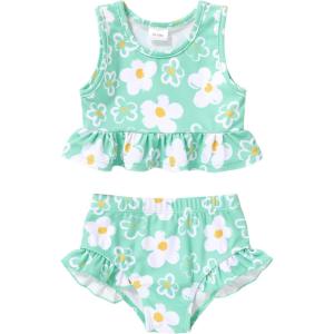 imageYOUNGER TREE Toddler Baby Girls Summer Swimsuit Sleeveless Striped Swimwear TwoPiece Suit Beach BikiniGreen Floral Swimsuit