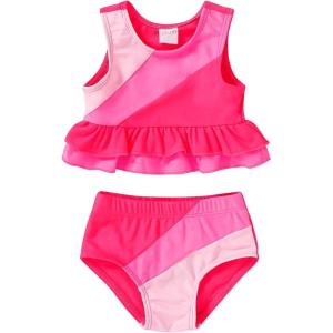 imageYOUNGER TREE Toddler Baby Girls Summer Swimsuit Sleeveless Striped Swimwear TwoPiece Suit Beach BikiniNeon Hot Pink