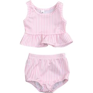 imageYOUNGER TREE Toddler Baby Girls Summer Swimsuit Sleeveless Striped Swimwear TwoPiece Suit Beach BikiniPink