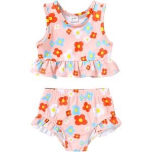 imageYOUNGER TREE Toddler Baby Girls Summer Swimsuit Sleeveless Striped Swimwear TwoPiece Suit Beach BikiniPink Floral Swimsuit