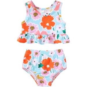 imageYOUNGER TREE Toddler Baby Girls Summer Swimsuit Sleeveless Striped Swimwear TwoPiece Suit Beach BikiniPink and Floral