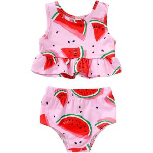 imageYOUNGER TREE Toddler Baby Girls Summer Swimsuit Sleeveless Striped Swimwear TwoPiece Suit Beach BikiniPink and Watermelon