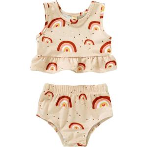 imageYOUNGER TREE Toddler Baby Girls Summer Swimsuit Sleeveless Striped Swimwear TwoPiece Suit Beach BikiniRainbow Swimsuit