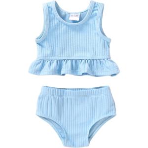 imageYOUNGER TREE Toddler Baby Girls Summer Swimsuit Sleeveless Striped Swimwear TwoPiece Suit Beach BikiniToddler Blue Swimsuit