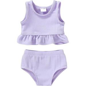 imageYOUNGER TREE Toddler Baby Girls Summer Swimsuit Sleeveless Striped Swimwear TwoPiece Suit Beach BikiniToddler Purple Swimsuit
