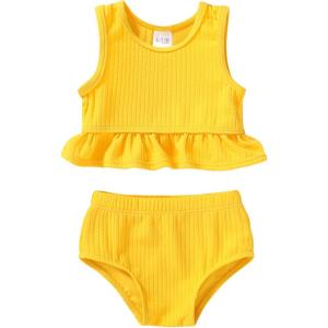 imageYOUNGER TREE Toddler Baby Girls Summer Swimsuit Sleeveless Striped Swimwear TwoPiece Suit Beach BikiniToddler Yellow Swimsuit
