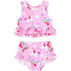 imageYOUNGER TREE Toddler Baby Girls Summer Swimsuit Sleeveless Striped Swimwear TwoPiece Suit Beach BikiniUnicorn Pink Swimsuit