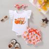 imageYOUNGER TREE Infant Baby Girl 1st Birthday Outfits Bumble Bee Printed One Romper Shorts Headband Summer Ruffle Sleeve ClothesPeach Sweet One