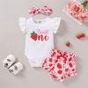 imageYOUNGER TREE Infant Baby Girl 1st Birthday Outfits Bumble Bee Printed One Romper Shorts Headband Summer Ruffle Sleeve ClothesStrawberry Sweet One