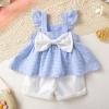 imageYOUNGER TREE Toddler Baby Girl Clothes Sleeveless Ruffle Bowknot Dress Top Shorts Set Summer Outfits for Little Kids GirlsBlue Grid