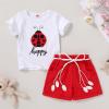 imageYOUNGER TREE Toddler Baby Girls Clothes Watermelon Tshirt  Linen Shorts with Belt Cute Summer Short SetLadybug
