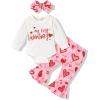 imageYOUNGER TREE 3Pcs Valentines Baby Girl Outfit Newborn Infant My First Valentines Day Romper Love Pattern Pant Clothes SetsWhite