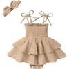 imageYOUNGER TREE Baby Girl Clothes Infant Summer Romper Dress Sleeveless Bodysuit Jumpsuit with Headband Toddler OutfitsKhaki
