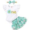 imageYOUNGER TREE Infant Baby Girl 1st Birthday Outfits Bumble Bee Printed One Romper Shorts Headband Summer Ruffle Sleeve ClothesChrysanthemum