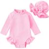 imageYOUNGER TREE Infant Baby Girls Swimsuit Long Sleeve Swimsuit One Piece Swimsuit Solid Color Bathing Suit with Hat UPF 50Light Pink